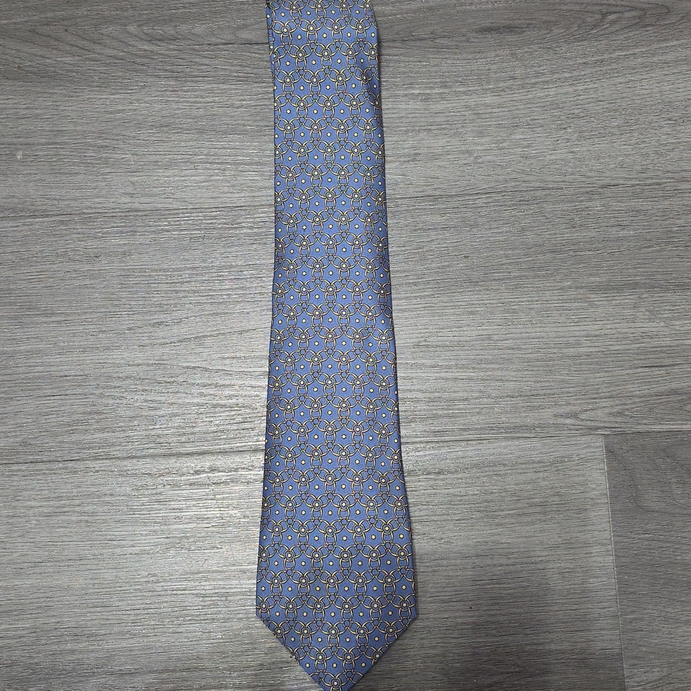 Authentic Hermes - Paris Classic Men's Blue & Yellow Patterned Silk Tie